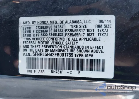 2015 Honda Odyssey Ex z USA, uszkodzony, nr VIN 5FNRL5H42FB001759
